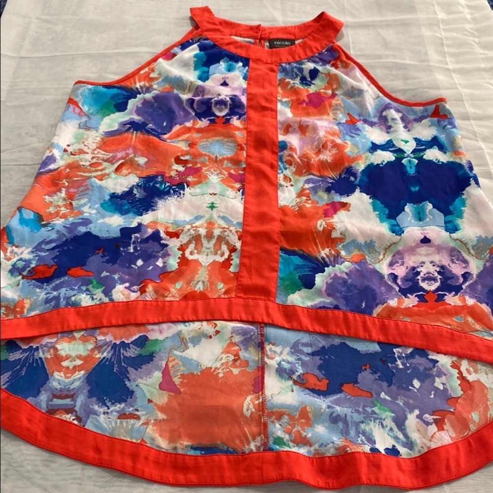 Nicole by Nicole Miller Orange Blue Graphic Asymmetrical Tank - Picture 3 of 12